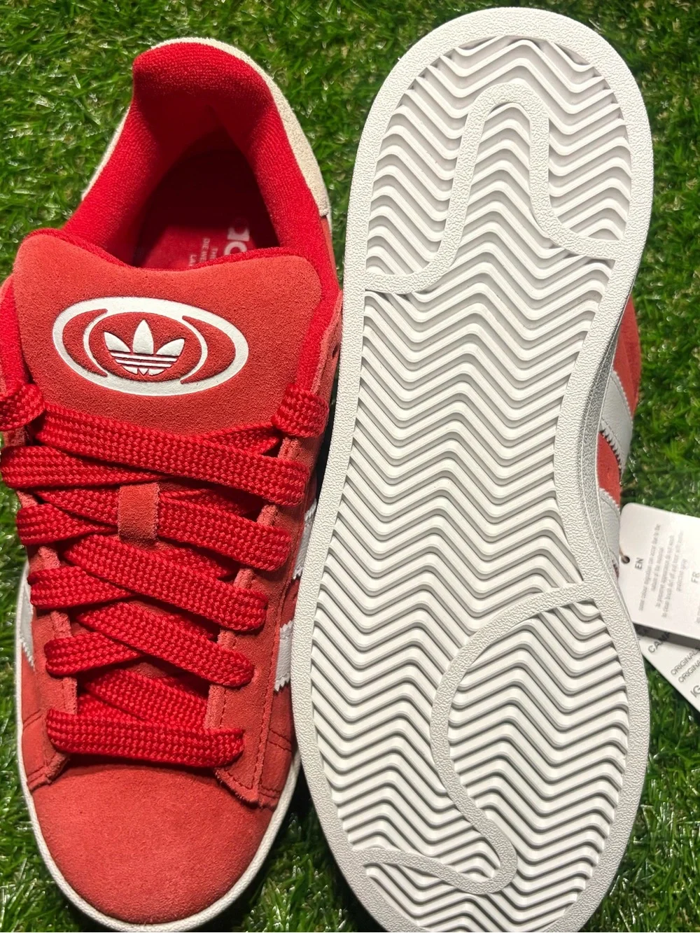 adidas Campus Red Suede w/ White Stripes mens 7, women’s 8.